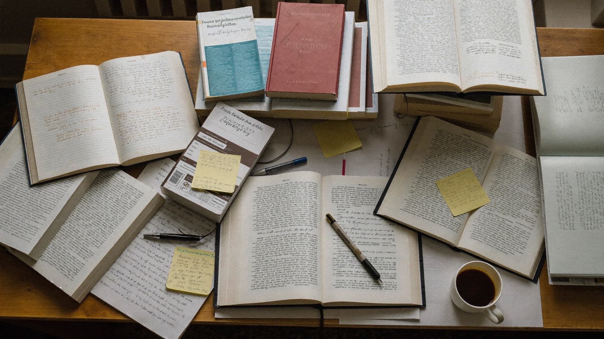 A desk seen from above, buried in open exam books, loose handwritten notes, sticky notes and a cooling coffee