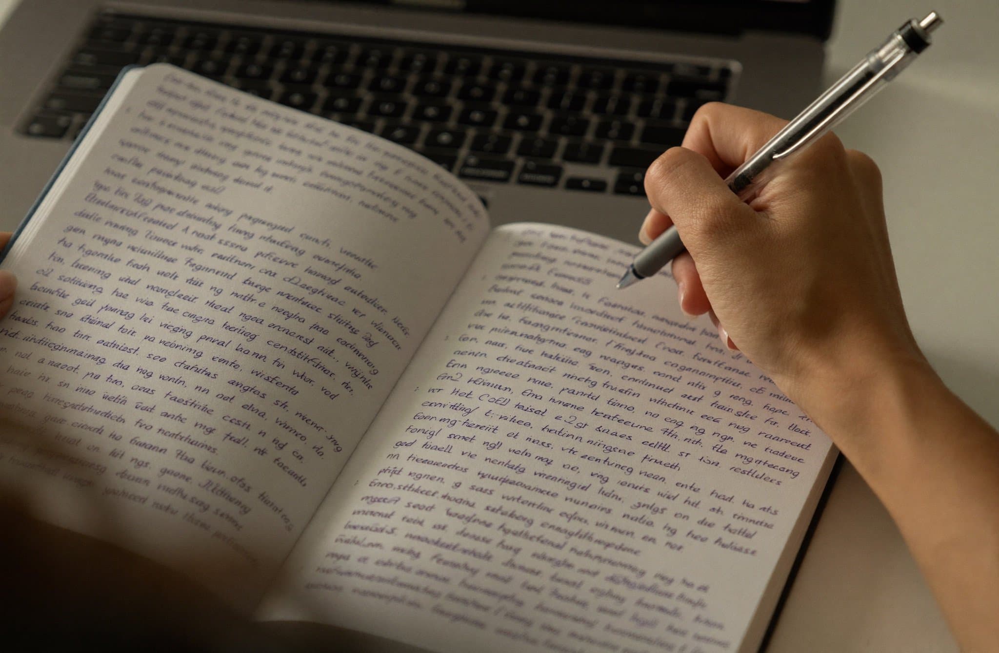 A close-up of a hand writing practice notes in a notebook beside a laptop