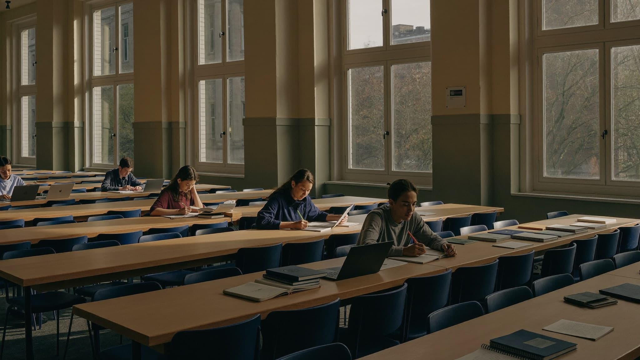 Two students preparing different IELTS modules side by side in a study hall