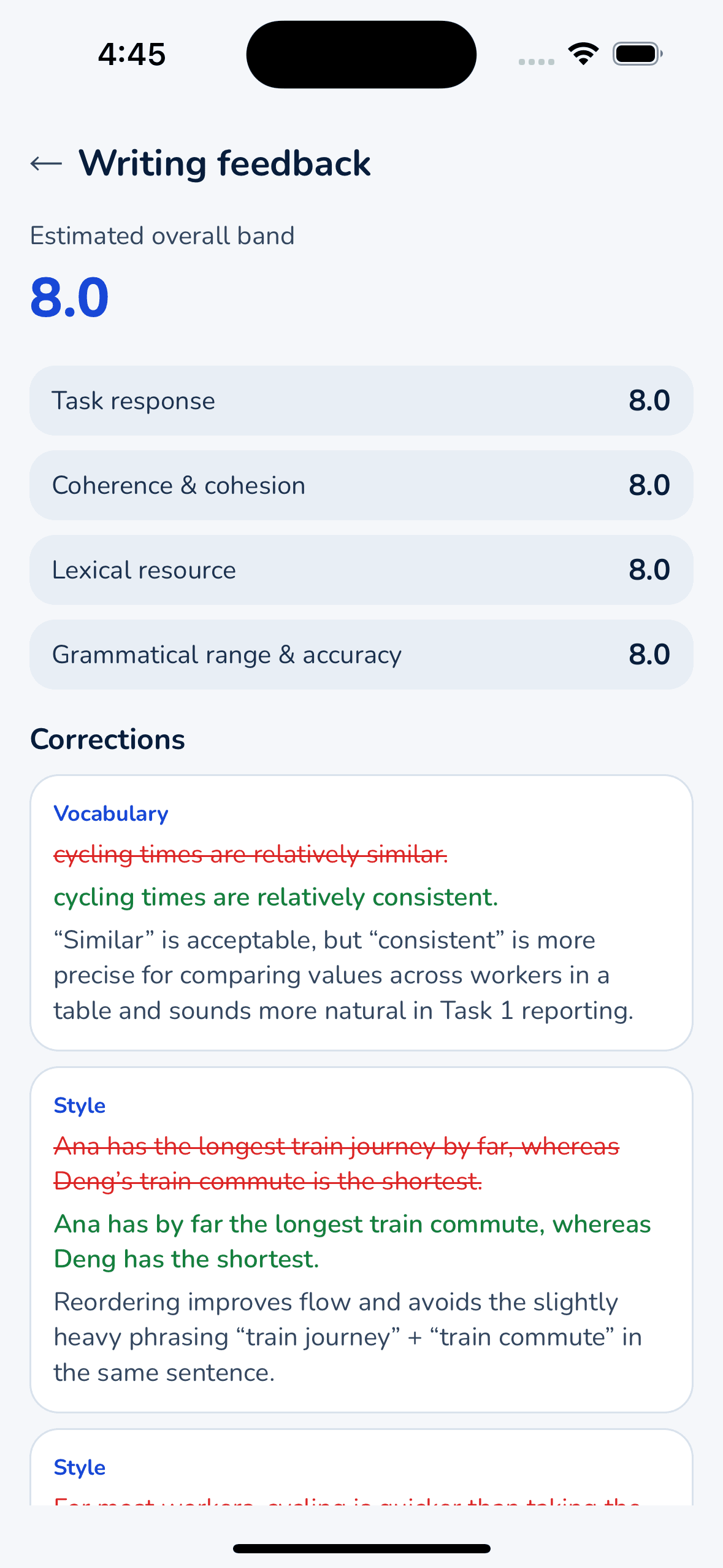 Verbola writing feedback screen with an estimated overall band of 8.0, four scored criteria and inline corrections