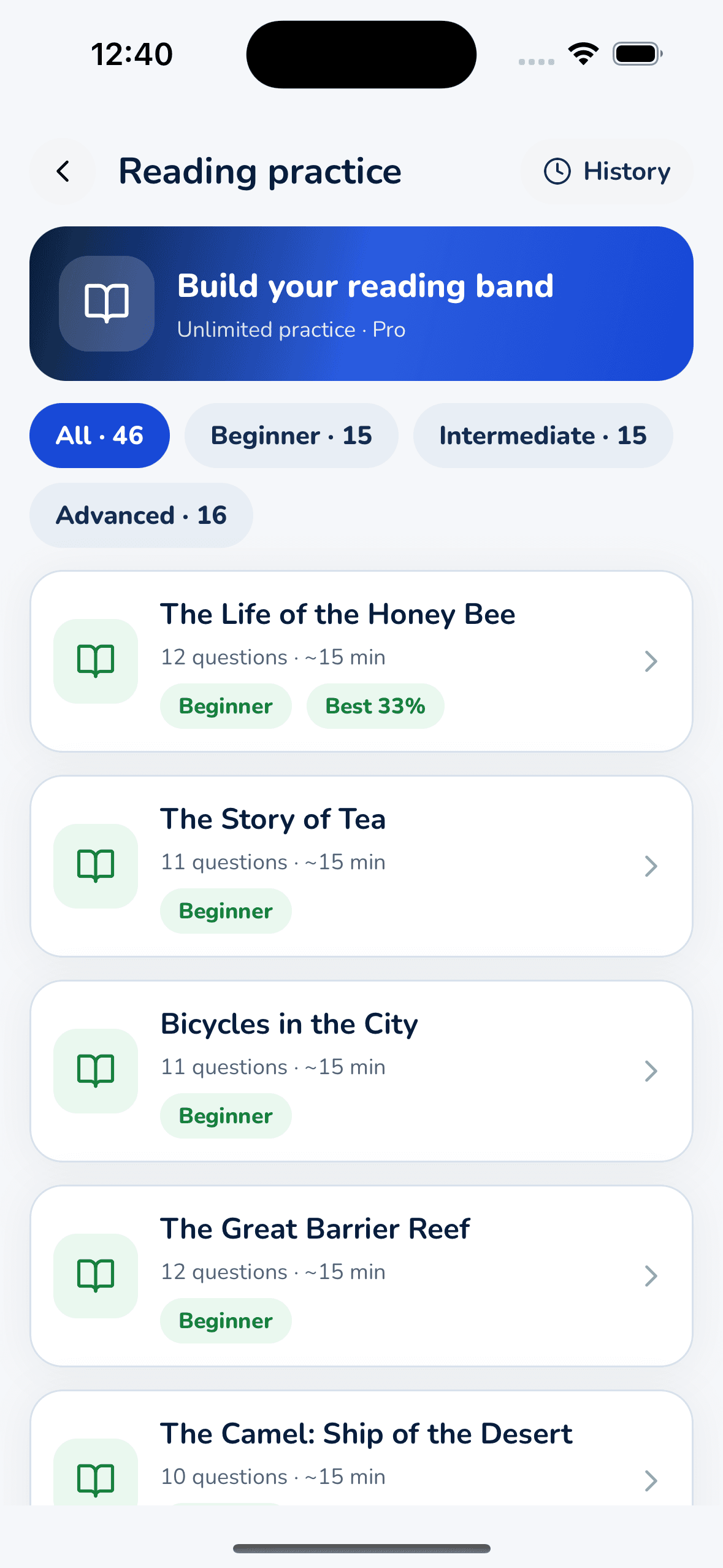 Verbola Reading Practice screen showing an exam-style passage with questions