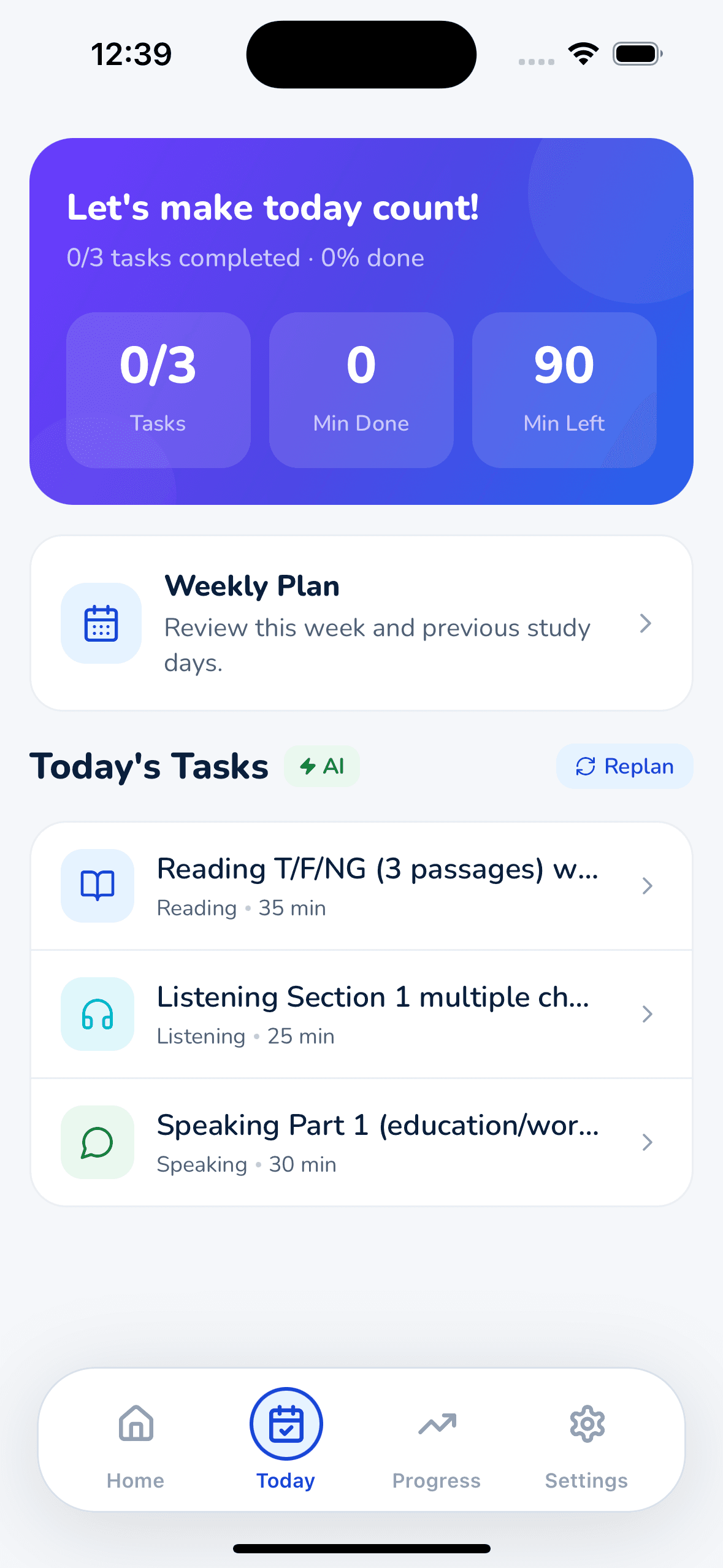 Verbola Today screen including a scheduled Speaking Part 1 task with 30 minutes allotted